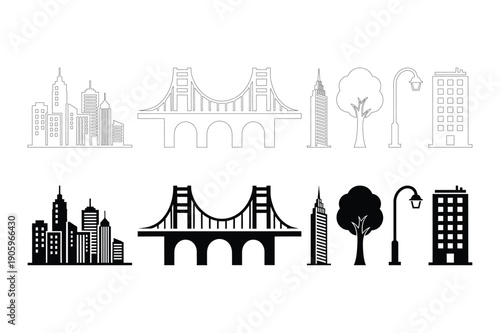 Cityscape and bridge icons: buildings, bridge, skyscraper, tree, lamppost
