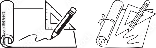 Line art icons representing technical drawing tools including a set square and pencil on a scroll of paper. Vector