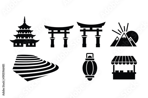 Japan Icons: Pagoda, Torii Gate, Mountain, Sun, Lantern, Market Stall