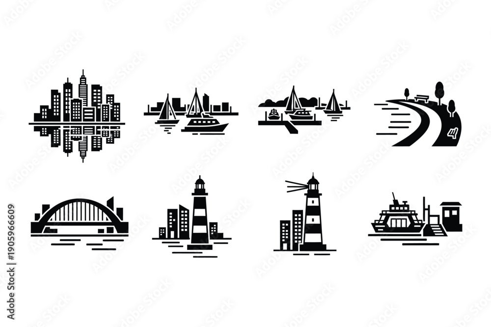 Fototapeta premium City and Harbor Icons: Skyline, Bridge, Lighthouse, Ships, River