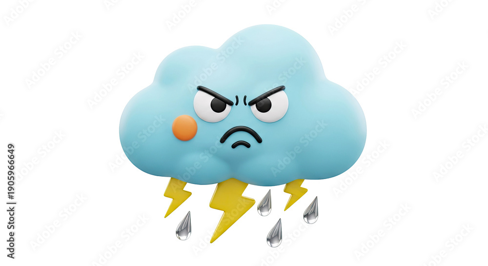 Fototapeta premium Angry Cartoon Cloud with Lightning and Rain