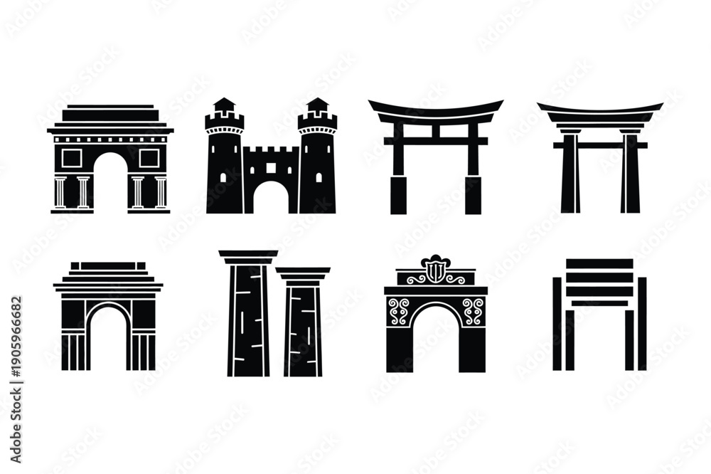 Fototapeta premium Architectural Gates Icons: Arch, Castle Gate, Torii, Column