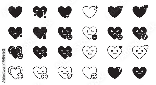 Collection of heart shaped emoticons expressing various emotions and reactions