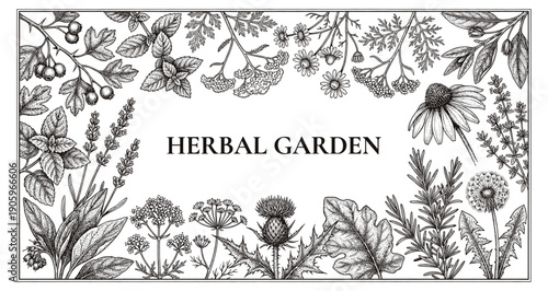 Herbal garden botanical engraving banner with herbs 