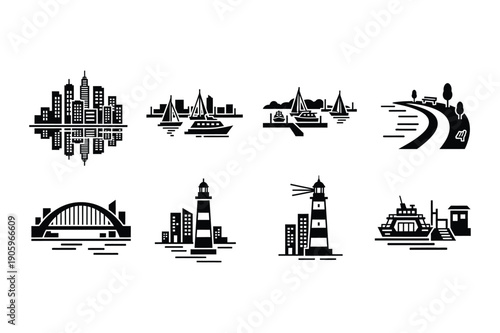 City and Harbor Icons: Skyline, Bridge, Lighthouse, Ships, River