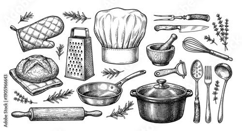 Kitchen tools and chef items engraving style set