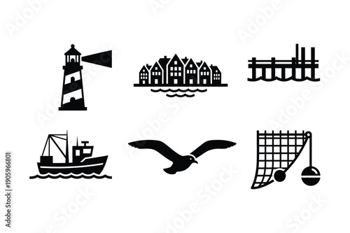 Nautical icons: lighthouse, waterfront town, pier, fishing boat, seagull, net