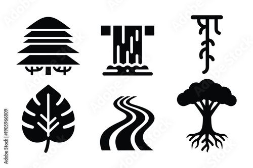 Nature and growth icons: layered tree, waterfall, branch, leaf, river, tree