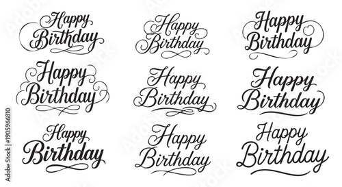 Handwritten happy birthday calligraphy phrases in elegant script style