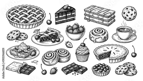 Assorted desserts in line art style