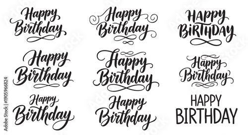 Handwritten happy birthday calligraphy phrases isolated on transparent background