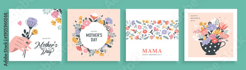 Set of Mother's day greeting cards with beautiful blossom flowers.

