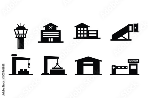 Airport and logistics icons: control tower, warehouse, hangar, cargo loader, crane, customs
