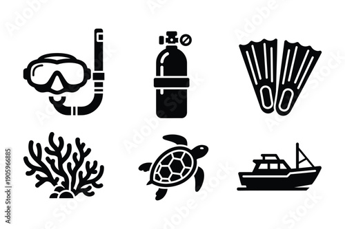 Scuba diving icons: mask, snorkel, tank, fins, coral, sea turtle, boat