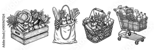 Fresh produce in wooden crate, tote bag, basket and shopping cart