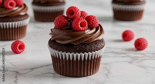 A chocolate cupcake topped with chocolate frosting and fresh raspberries sits on a marble surface surrounded by more cupcakes and scattered raspberries