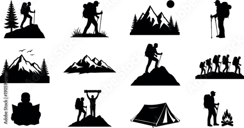 Collection of hiking and camping silhouette icons