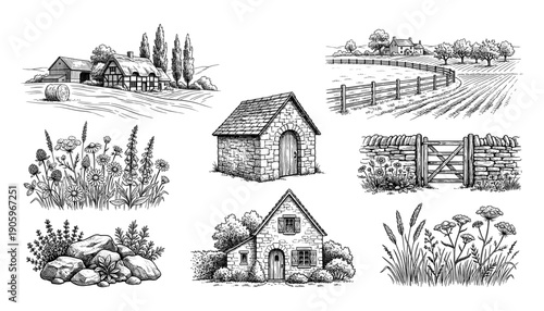 Rural vintage cottage and farm elements set