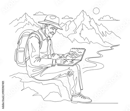 Artist drawing landscape in mountain sketchbook