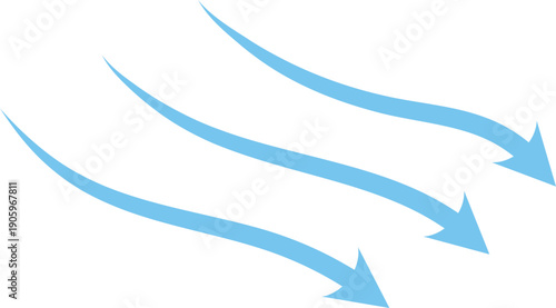 Transparent background: Blue Wavy Arrows Flowing Left - Directional, Movement, Information Flow Air flow arrows. Blue cold wind stream, fresh water direction Light wind set of vector elements on,