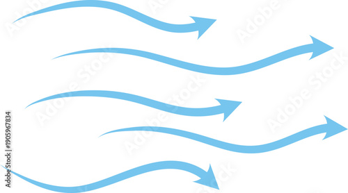 Transparent background: Blue Wavy Arrows Flowing Left - Directional, Movement, Information Flow Air flow arrows. Blue cold wind stream, fresh water direction Light wind set of vector elements on,