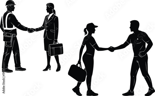 Manual labor construction silhouette with male and female workers using sledgehammer and claw hammer for demolition home renovation and building industry project