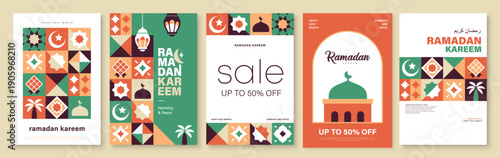 Set of Ramadan Kareem vector illustration in flat geometric style design for poster, greeting card, banner and cover. Translation: Ramadan Kareem

