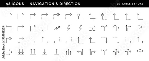 Navigation arrow icon set. Different direction arrows, direction, navigation, way-finding, forward, upward, crossroad, turn right and more. Editable stroke. Pixel Perfect. Grid base 32 x 32.