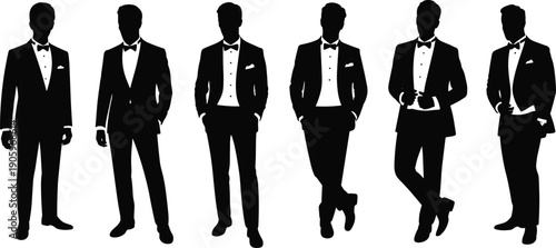 Set of elegant men silhouettes wearing formal black suits and bow ties, stylish male fashion models, gentleman figures for wedding and event design