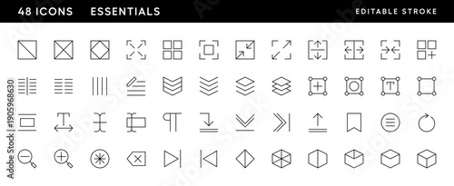 Essential icon collection. User interface icons, arrow, bookmark, zoom in, zoom out, reload, expand, clipboard, layer and more. Editable stroke. Pixel Perfect. Grid base 32 x 32.