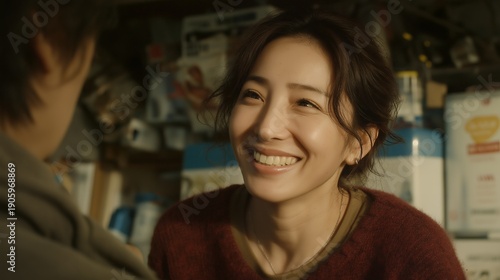逆光の中で満面の笑みを浮かべ会話を楽しむ日本人女性のクローズアップ