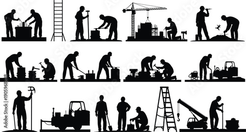 Silhouettes of construction workers, engineers, and laborers operating heavy machinery, using hand tools, climbing ladders, and building infrastructure on a busy industrial development site