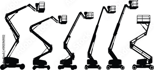 Silhouettes of various articulated boom lifts and scissor lifts, industrial cherry picker equipment set for construction, maintenance work, and high altitude warehouse operations