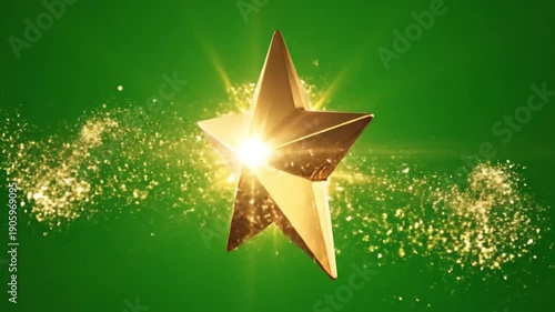 A shiny gold star explodes in a green video background with sparkling particles