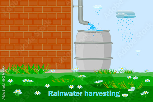 Rainwater harvesting barrel by brick house wall. Rainwater harvesting system. Downspout channeling water from roof into gray collection barrel.Sustainable living, water conservation and ecology.Vector