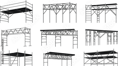 Black and white scaffolding silhouettes for construction sites, metal framework for building projects, architectural industrial structure vector set isolated on white background, design