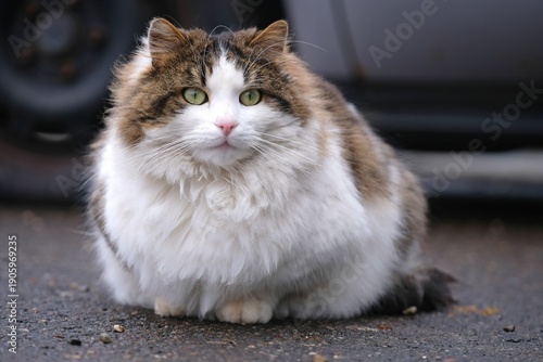 Portrait of Norwegian Forest Cat sitting on the backyard and looking away..Horizontal image with selective focus.	