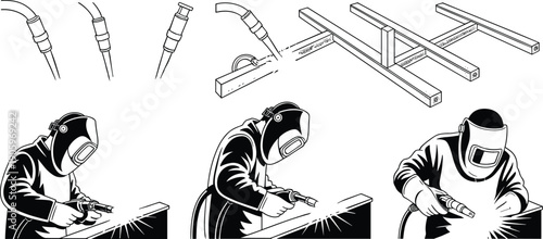 Welder worker black and white vector set, industrial welding process with protective mask and torch, metalwork fabrication icons, steel construction manufacturing design elements