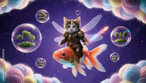 Fantasy surreal Digital Art of a Brave Armored Kitten Fairy Knight Riding a Giant Goldfish Through a Surreal Cosmic Landscape with Floating Bubbles and Colorful Clouds