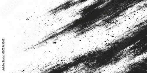 Grungy black and white ink splash texture featuring a dirty paint splatter pattern on an old wall with a dark liquid stain border and artistic brush element vector design