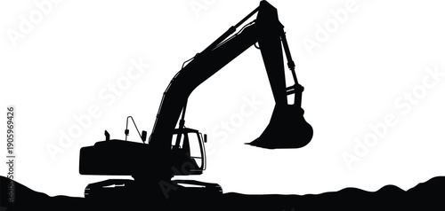 Black excavator silhouette on construction site, heavy machinery digger vector, industrial earthmover illustration, building equipment icon, isolated on white background for engineering projects