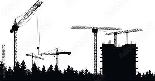 Black construction cranes silhouettes and building site under development above forest treeline, industrial urban expansion icons, isolated on white background for architectural design