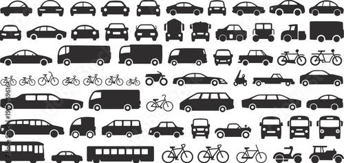Black silhouette icons of cars, trucks, buses, and bicycles for urban transportation, automotive logistics, city traffic symbols, and vehicle industry design isolated on white