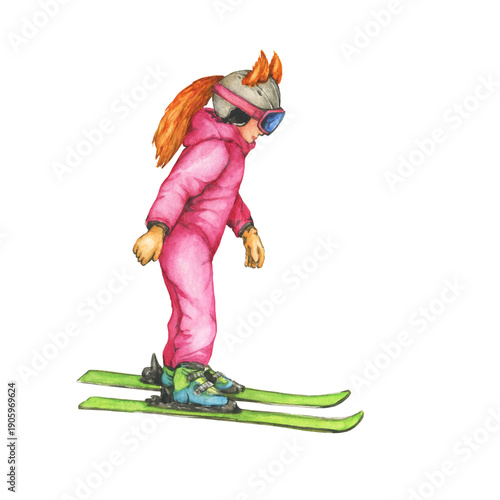 Girl in a pink ski suit and helmet with orange ears skiing on skis. Hand drawn watercolor painting illustration isolated on white background	