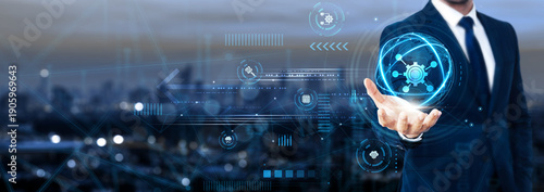 Fotografie Businessman holding global API network and integration solutions, software conne