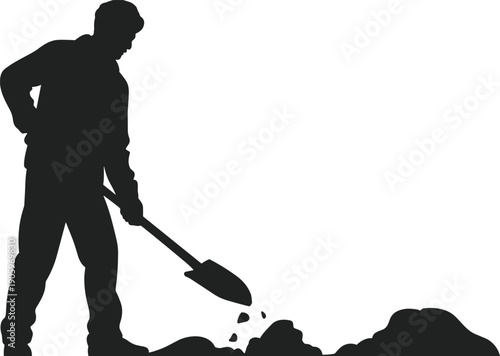 Black silhouette of a male construction worker digging dirt with a shovel, manual laborer working on building site, isolated on white background, industrial