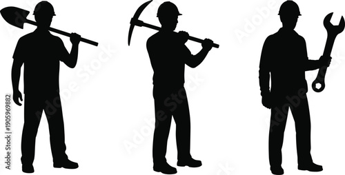Black silhouette of construction workers set, male builders holding shovel pickaxe and wrench, industrial labor character graphics, maintenance staff icons for professional projects
