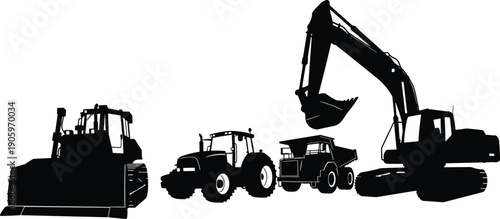 Black silhouette of heavy construction equipment including excavator bulldozer farm tractor and dump truck isolated on white background for industrial engineering and earthmoving