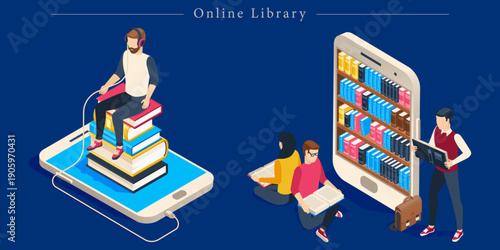 Isometric Online Library and Digital Reading Concept Smartphone Bookshelf and Audiobook Study Scene