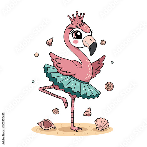 A cute cartoon sticker of a pink flamingo wearing a crown and tutu standing on one leg surrounded by seashells on the beach